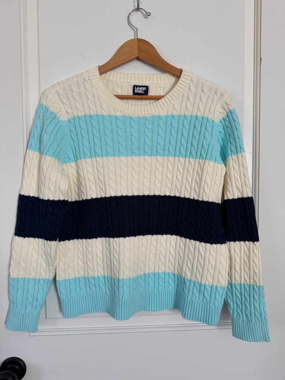 NEW Lands’ End Drifter striped sweater 100% cotton, size large cable knit